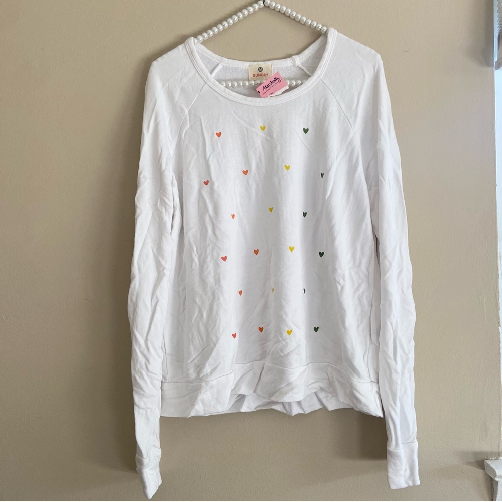 Sundry Size 2 Sweater St Patrick’s Day Colors Heart Print Long Sleeve White Top